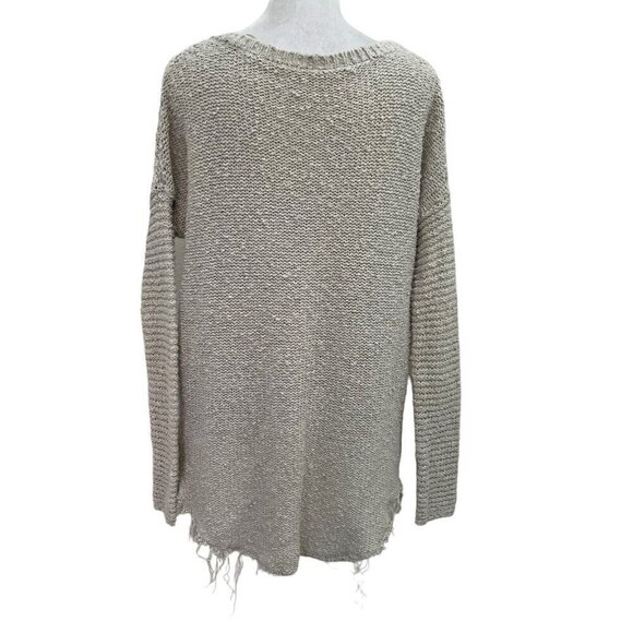 Free People Cable-Knit Raw Hem Distressed V-Neck Sweater Ivory size Small - Picture 3 of 6
